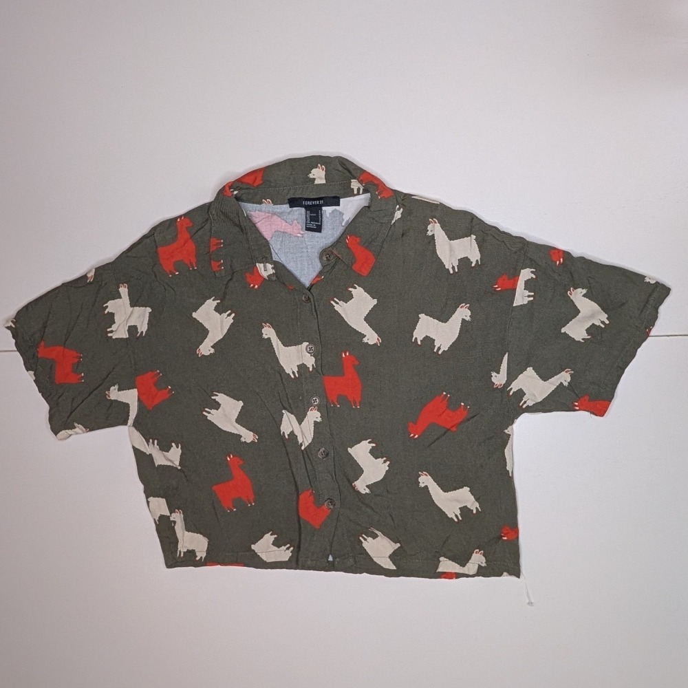 Forever 21 Green Llama Print Button Down Crop Boxy Shirt Women's Small, Casual